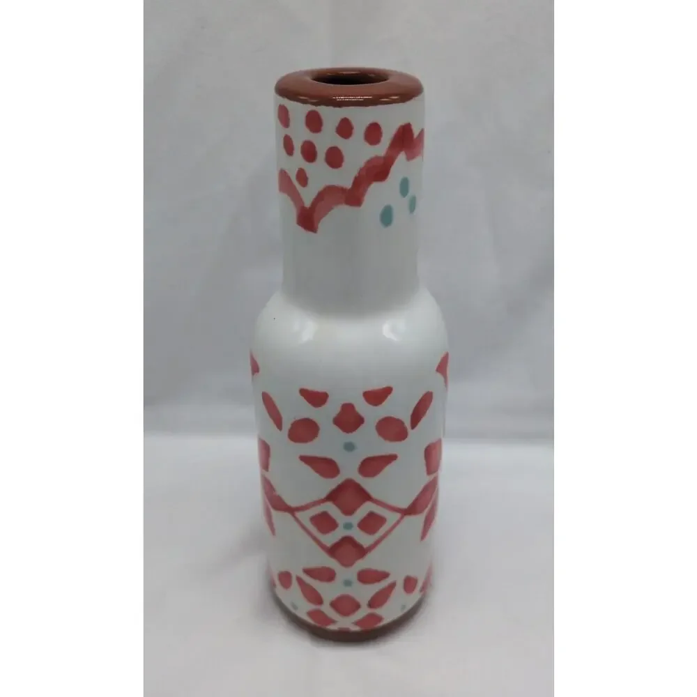 Pier 1 Hand Painted Terracotta Vase 8in Floral Geometric Boho Decor Ceramic